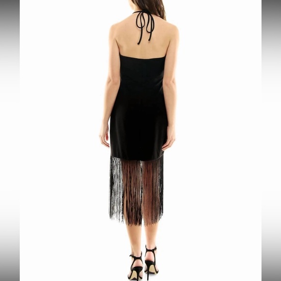 NICOLE MILLER Wren Fringe Halter Midi Dress Black Size 12 - Picture 2 of 8